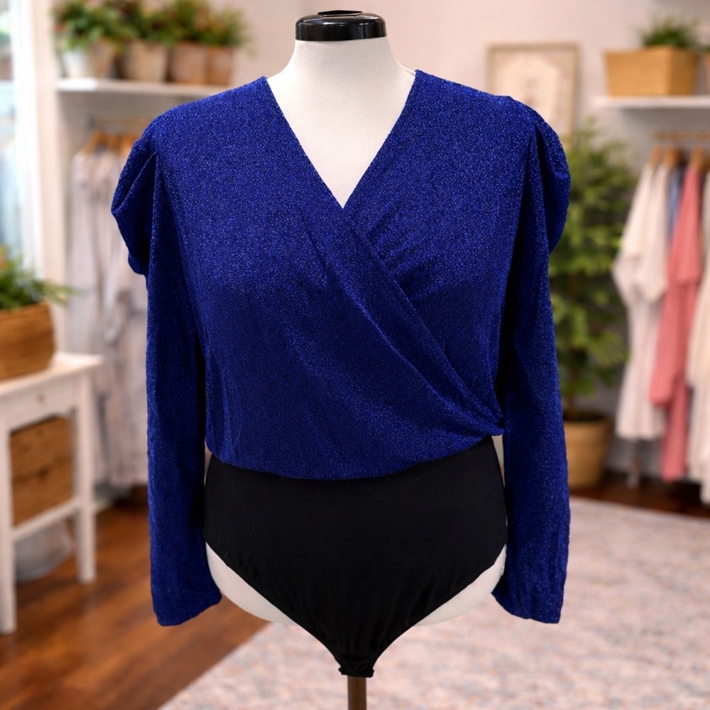 White Birch Indigo Blue Sparkly Bodysuit 1X 2X 3X Stretchy Cross Neck